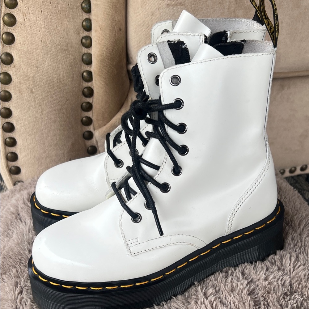 Dr. Martens White Platform Lace-Up Combat Boots with Black Laces